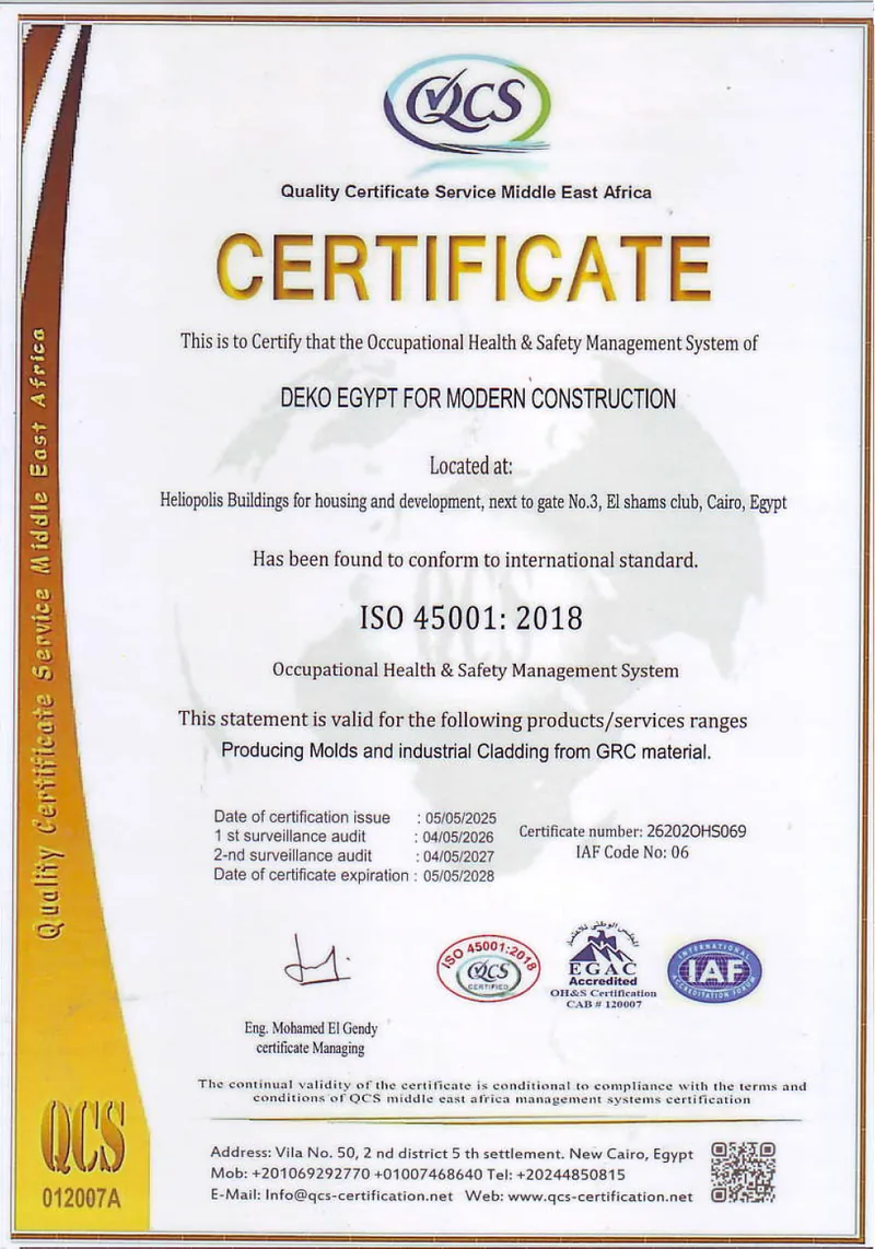 ISO 45001:2018 occupational health and safety management system certificate issued to Deko Egypt for Modern Construction