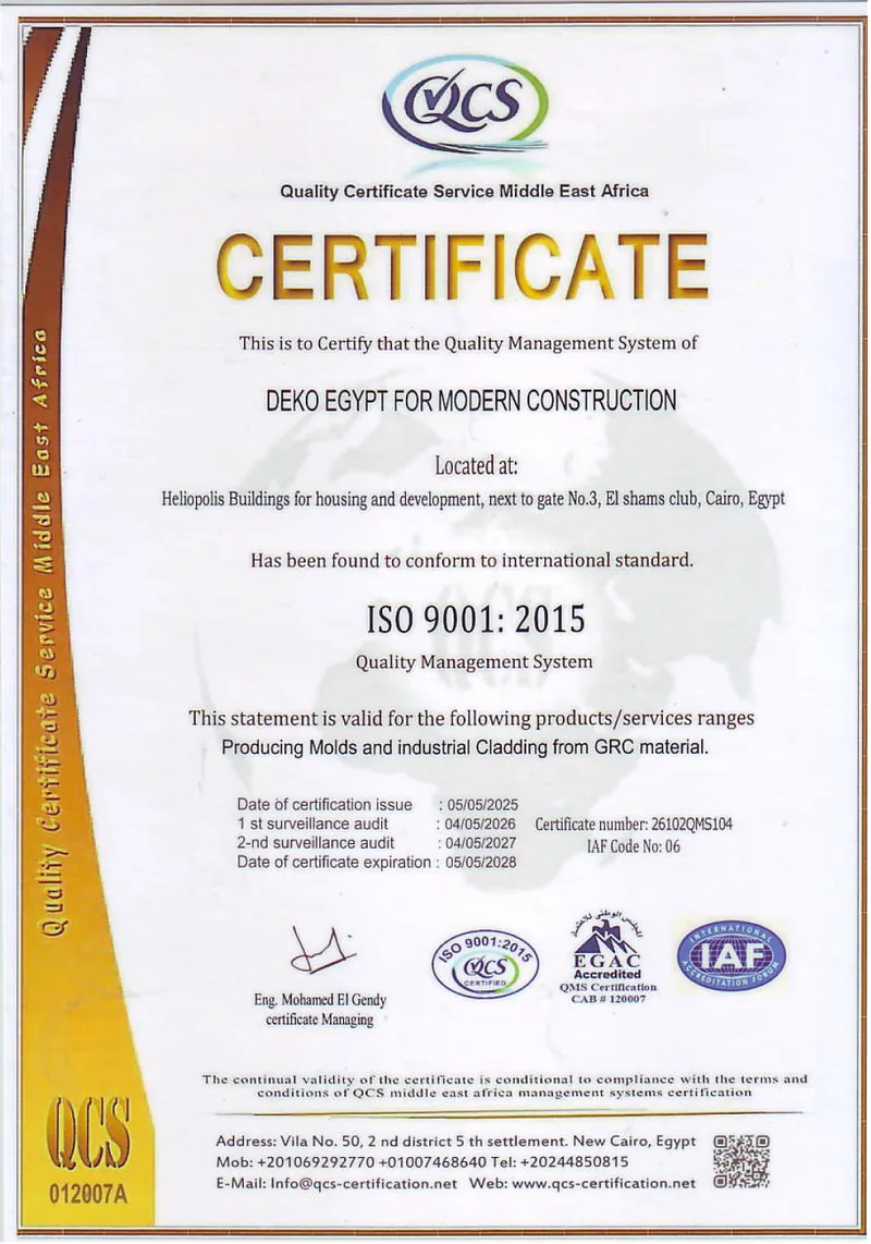 ISO 9001:2015 quality management system certificate issued to Deko Egypt for Modern Construction